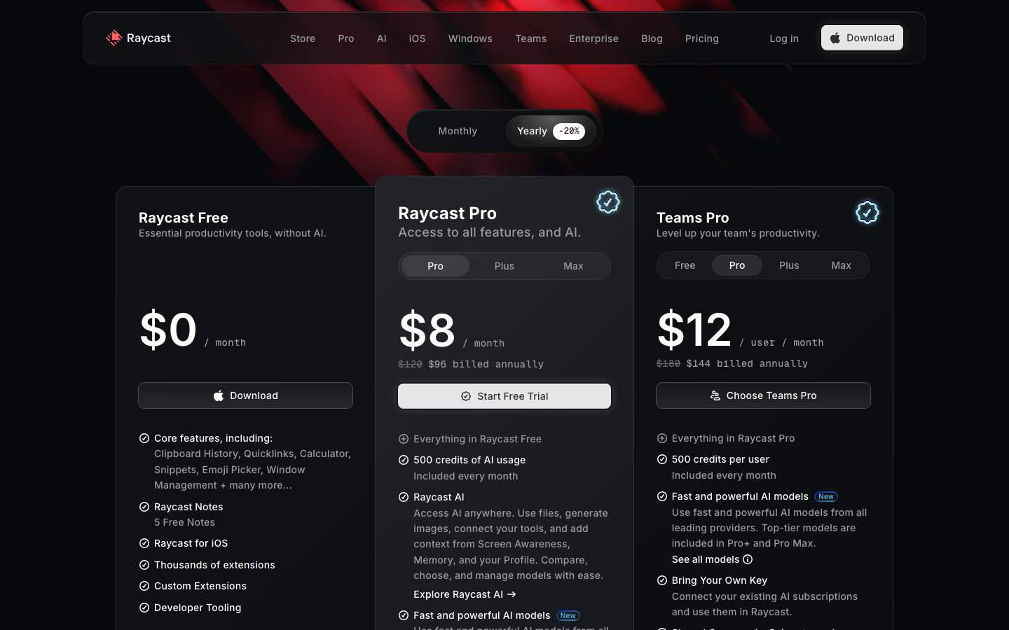 Raycast Pricing: Free and Pro Plans with AI